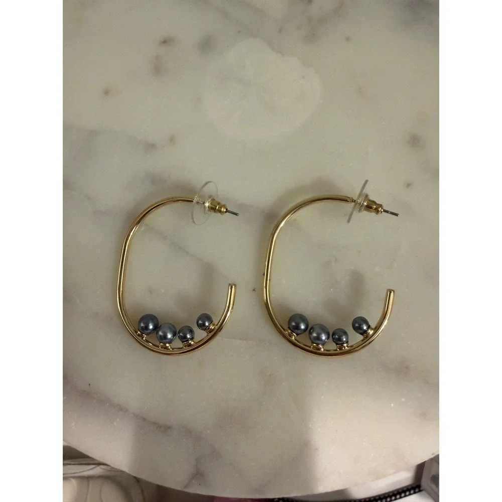 Gold Hoop Earrings With Gray‎ Pearls Dangle Drop Statement Women Fashion Jewelry